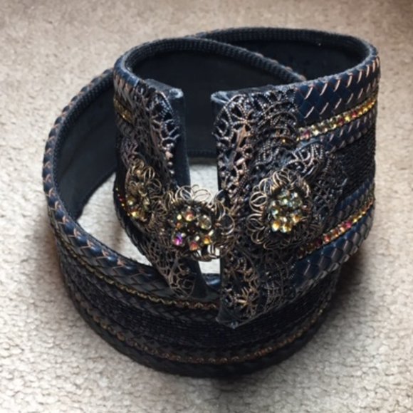 Barrera Beaded Rhinestones Wide Braided Leather BOHO Waist Belt Navy 30\